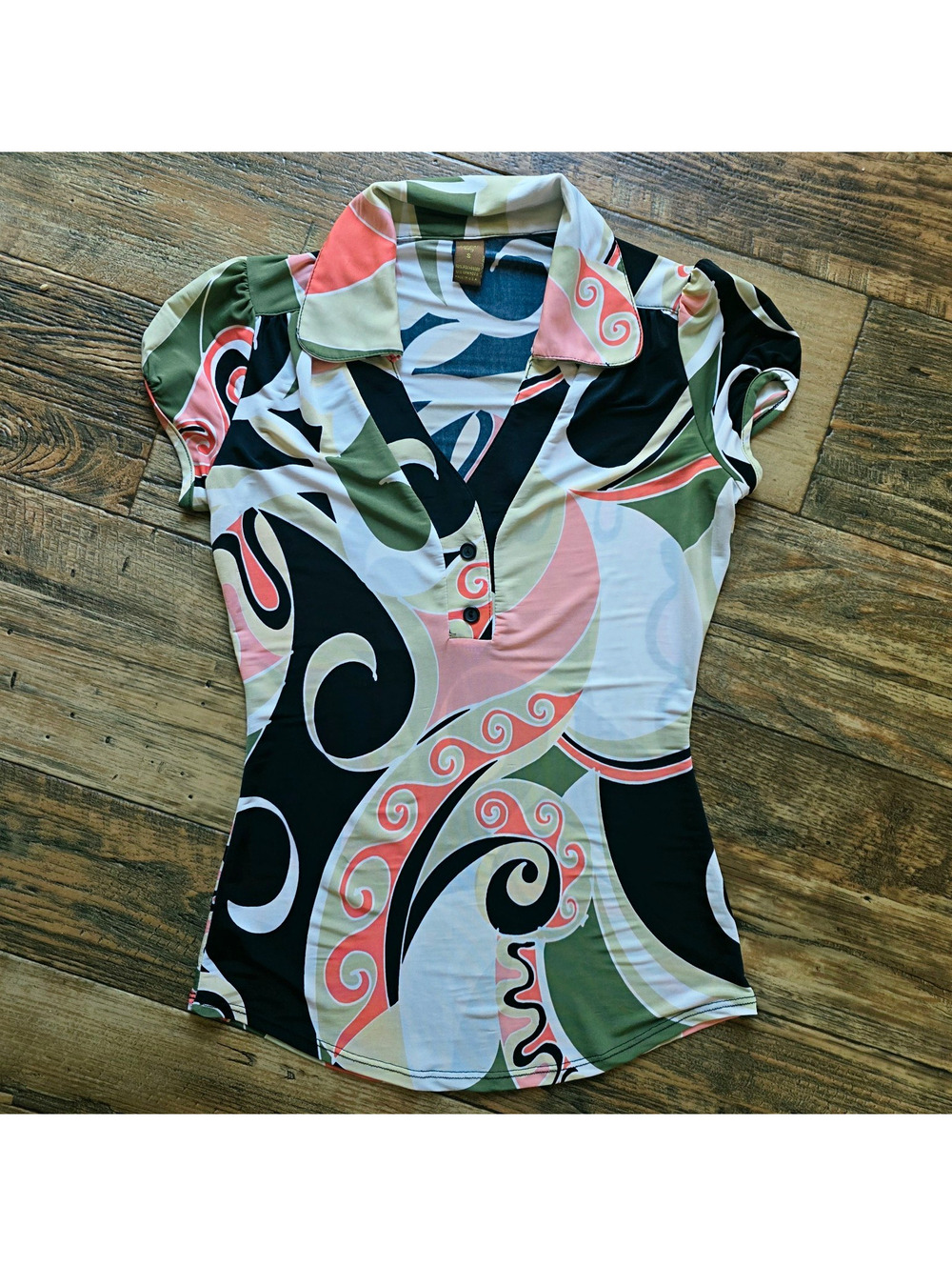 Copper Key Women's Multicolor Abstract Polo Top 70s Y2K Size Small